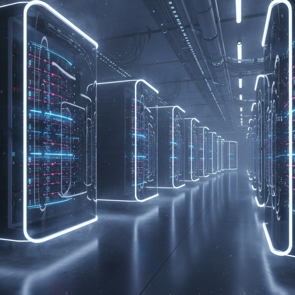 Futuristic data center with isolated glowing servers in glass chambers.