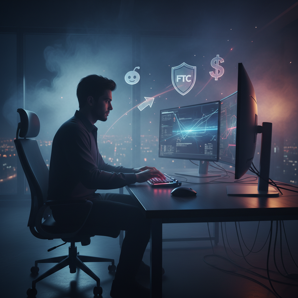 Person typing on keyboard with Reddit, FTC, advertising icons in office.