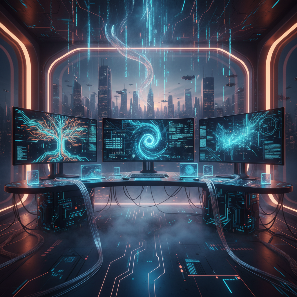 Digital workspace with monitors, circuit patterns, glowing data streams