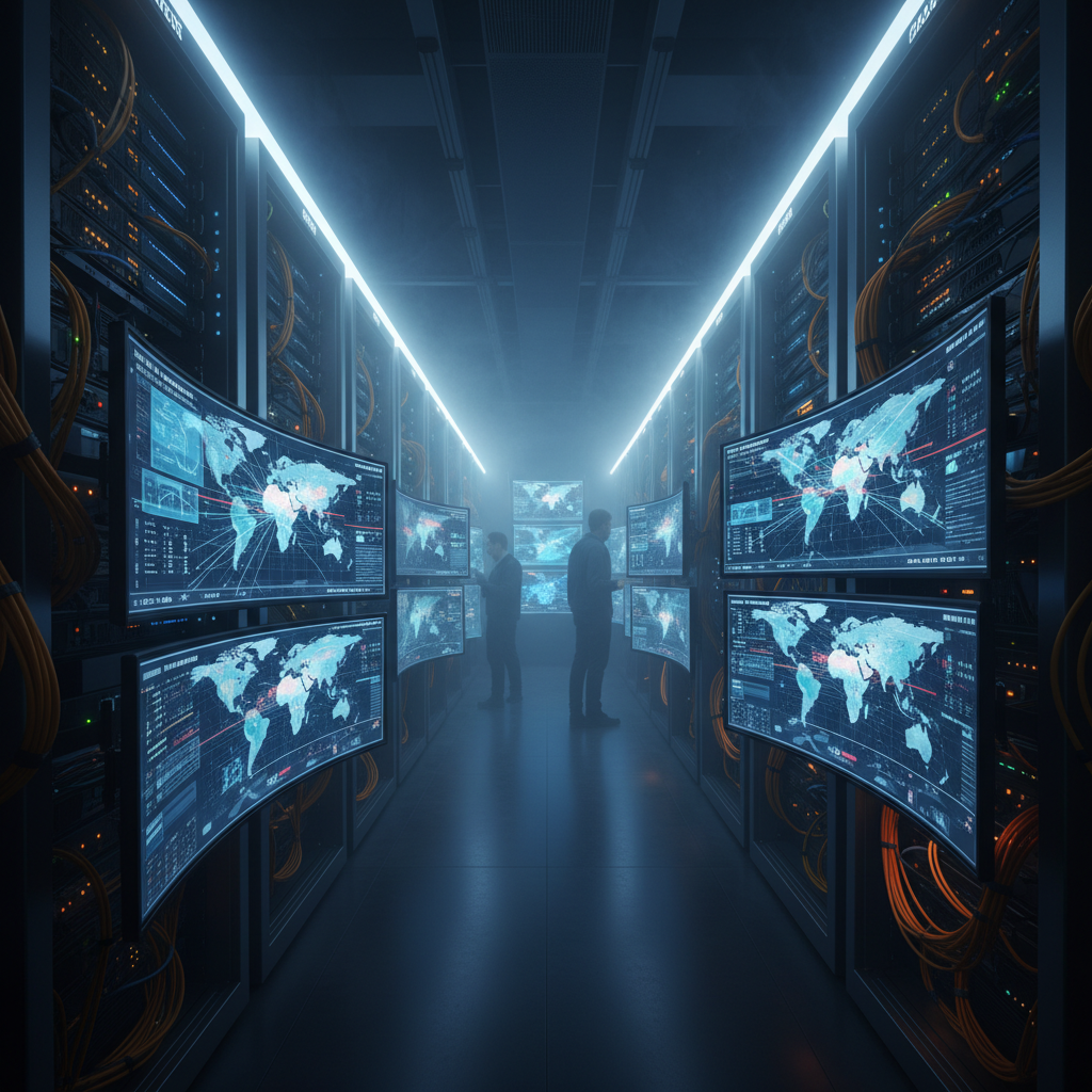 Server room with glowing monitors showing maps, dramatic lighting, and fog.