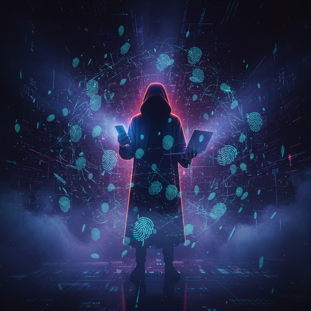 Person with smartphone and laptop in a tech-themed environment, digital fingerprints visible.