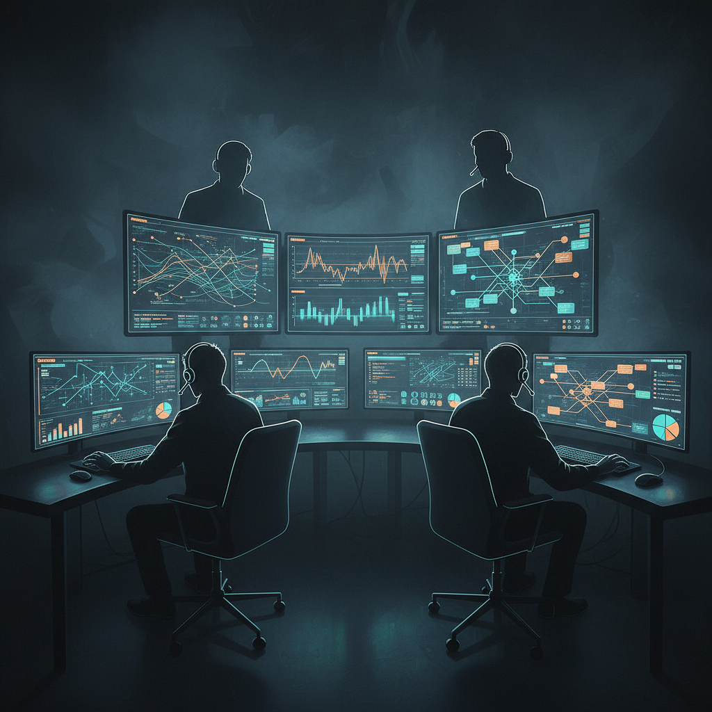 Moderators in a control room reviewing flagged Reddit user activity on multiple screens.