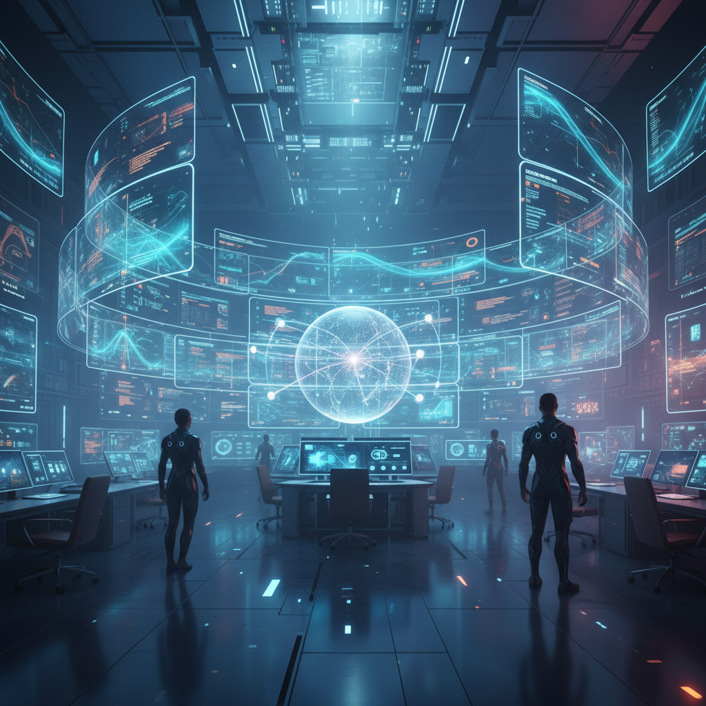 Futuristic office with high-tech displays for phone verification, dramatic lighting.