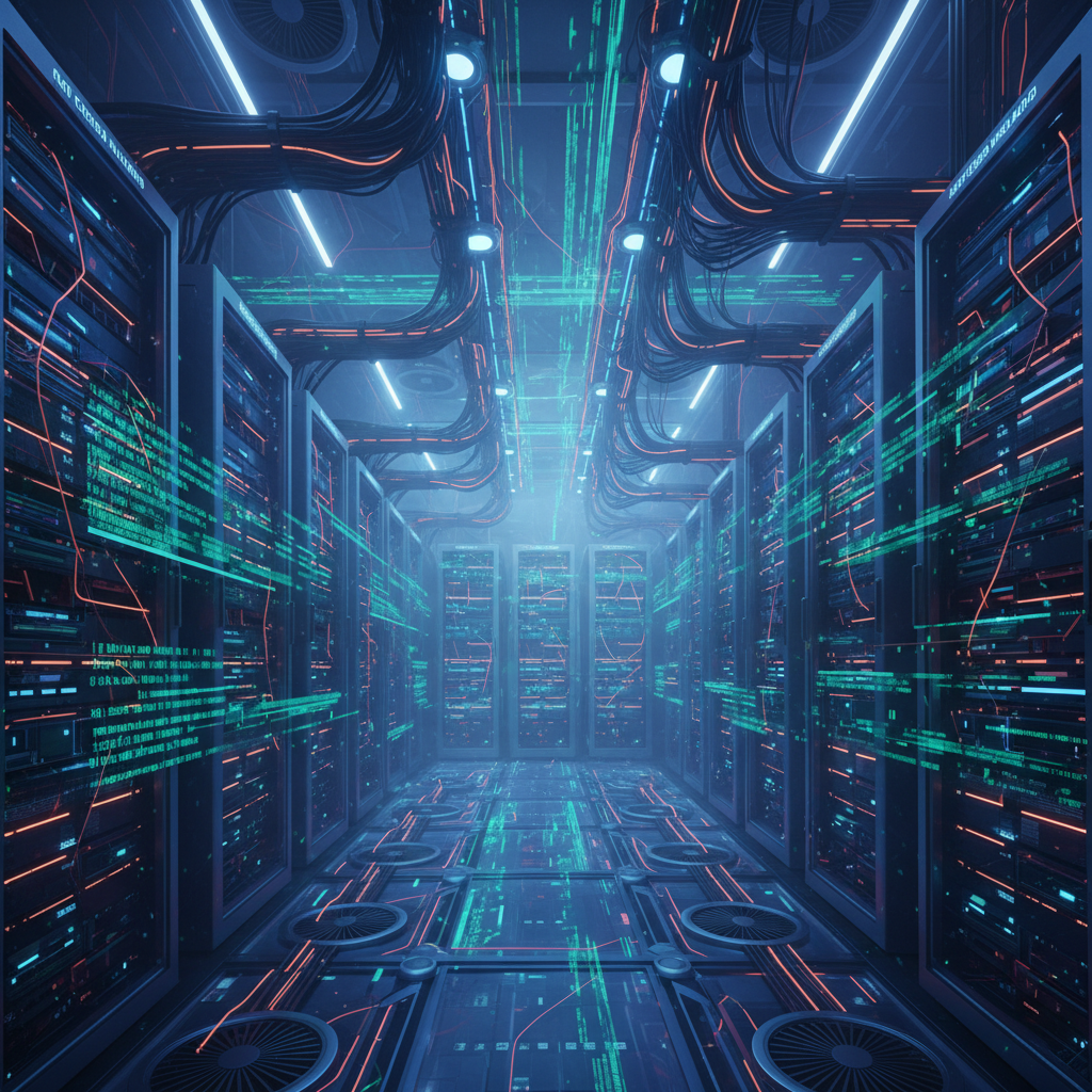 High-tech server room with glowing cables and data streams, dramatic lighting.
