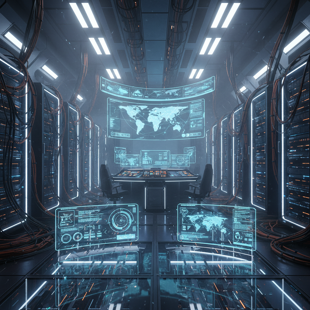High-tech server room with glowing digital screens and network cables.