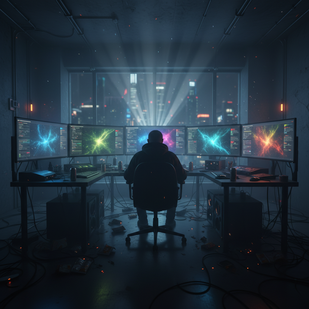 Person at computer with multiple screens displaying subreddit categories in dramatic lighting.