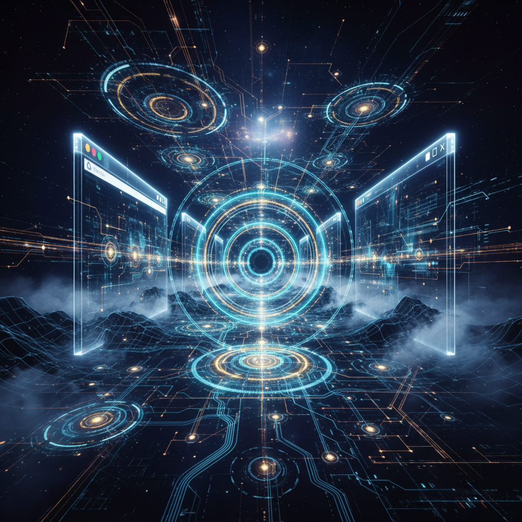 Digital landscape with browser architecture and TLS handshake visuals.