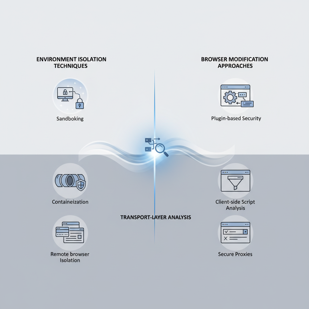 Split view showing environment isolation and browser modification techniques
