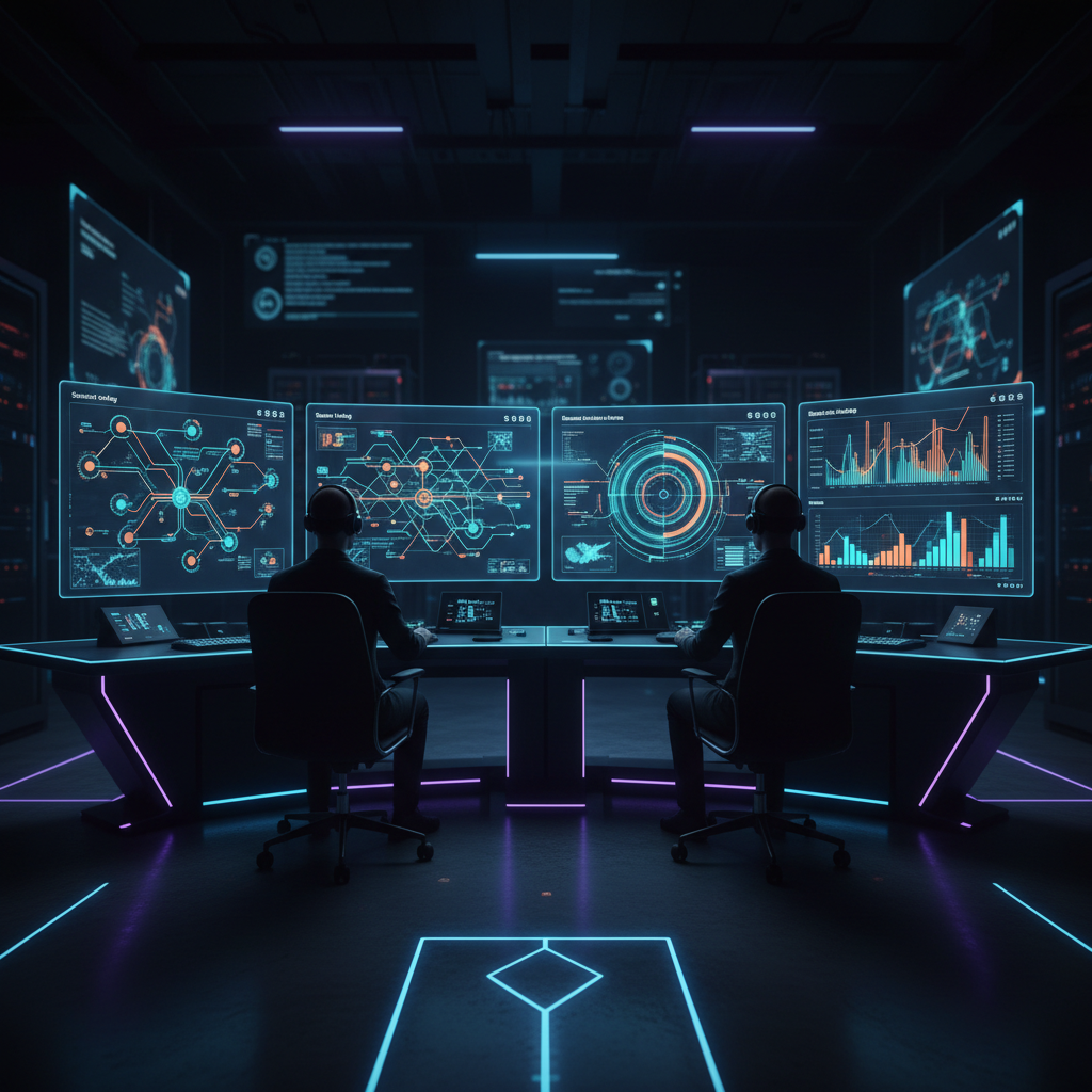 Control room with screens showing browser automation data.