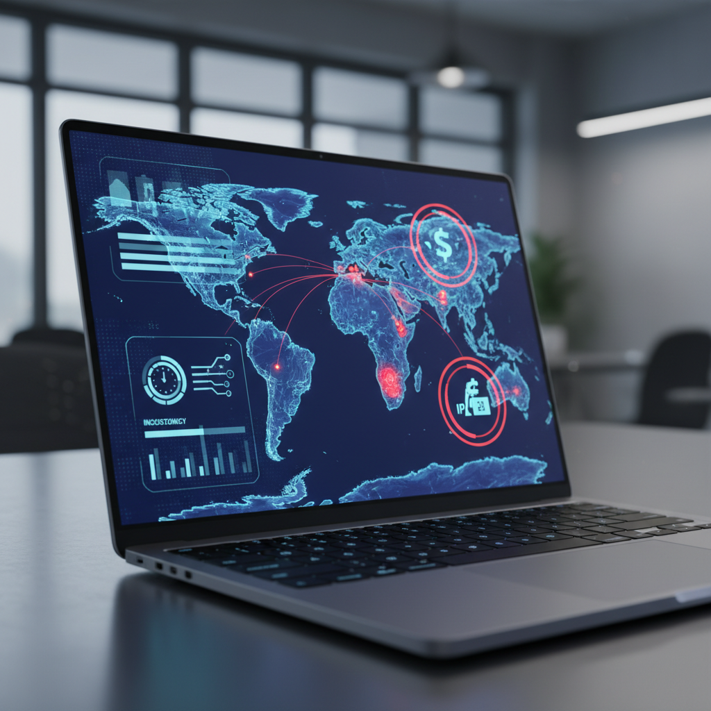 Map interface with timezone, DNS, and location data on a laptop screen.