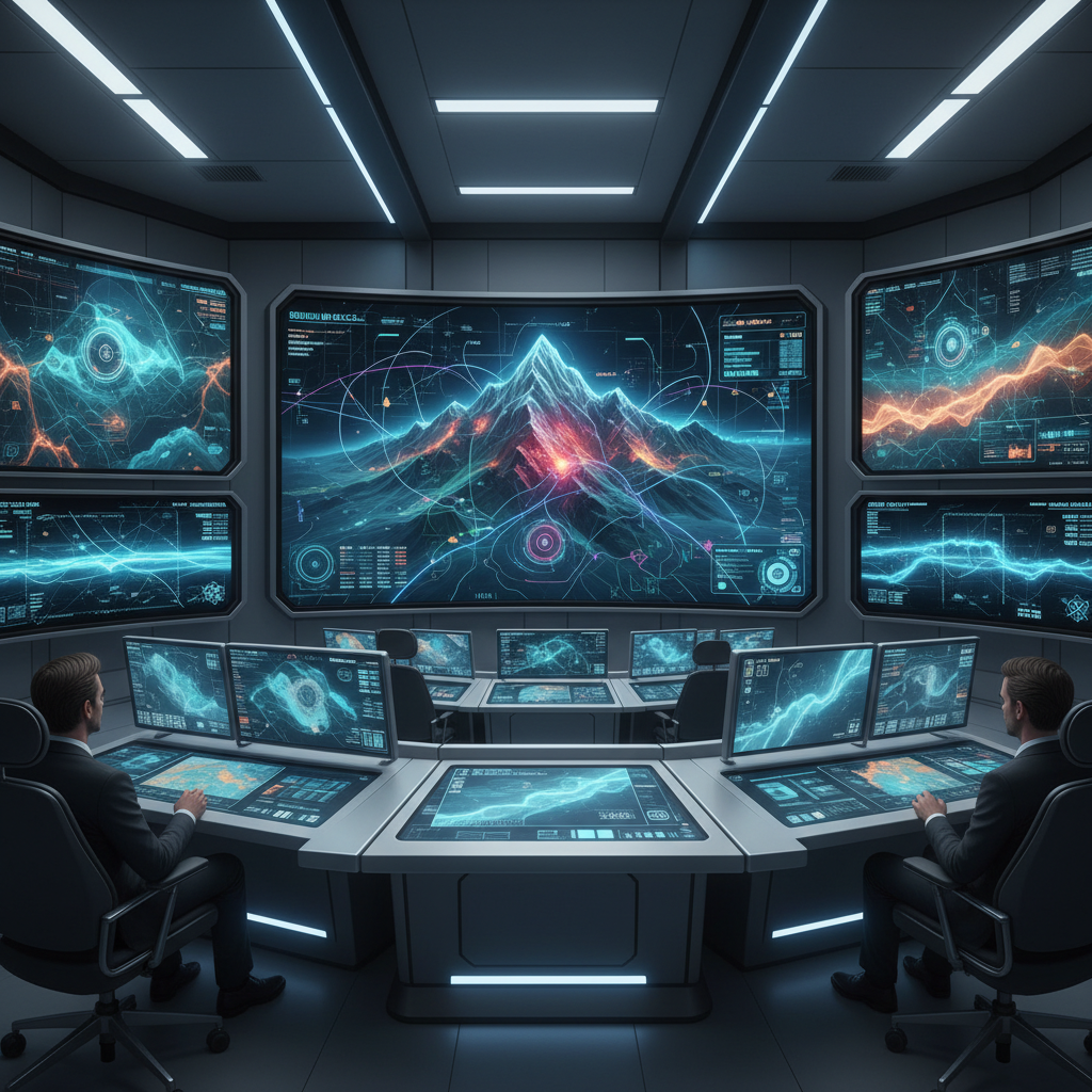 Control center with operators and screens showing geographic anomalies.