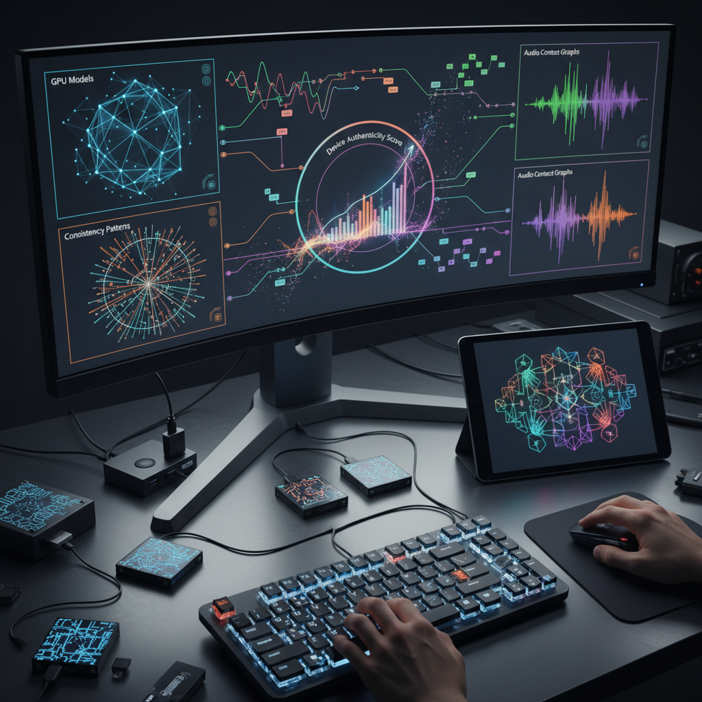 Screen showing WebGL rendering and GPU model analysis for hardware fingerprints.