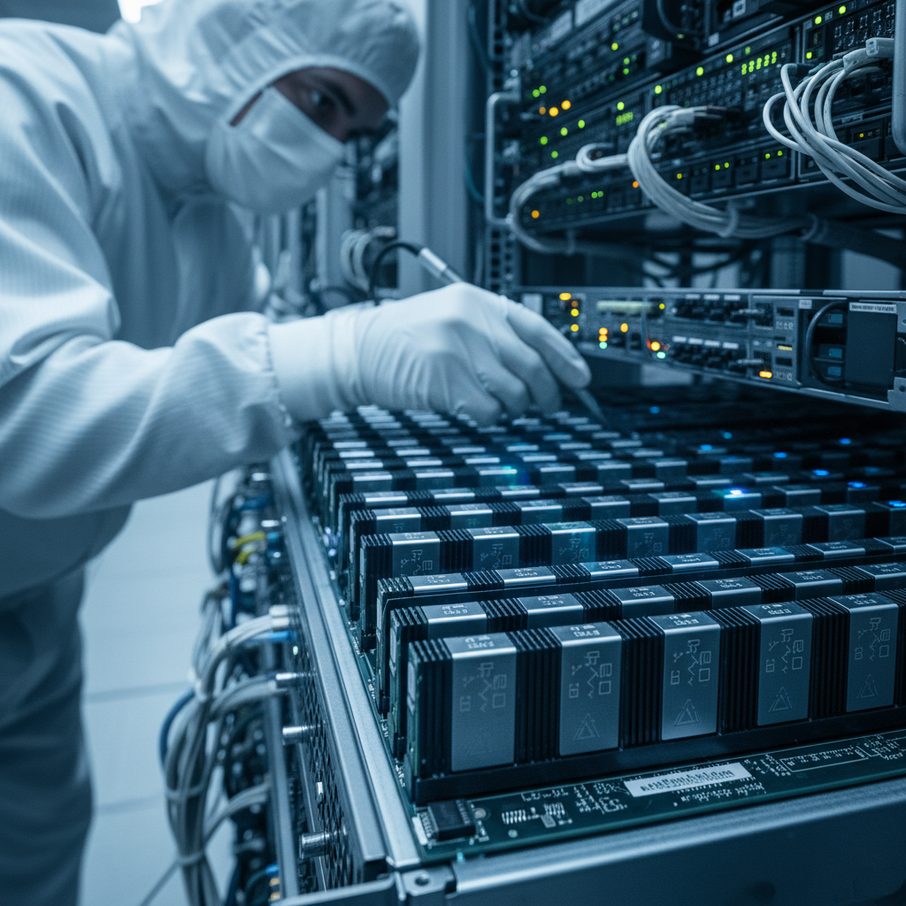 Technician examining server racks with memory modules