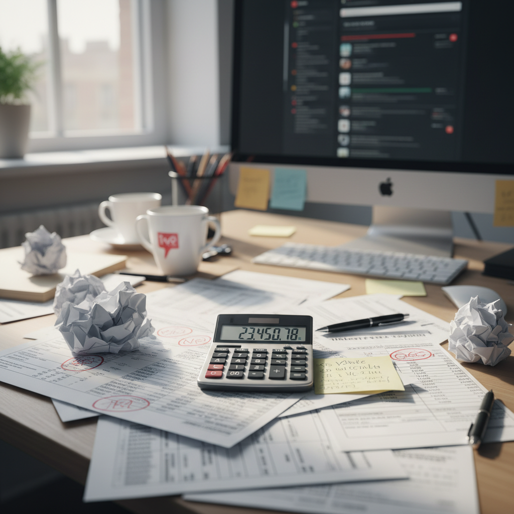 Desk with spreadsheets and invoices highlighting hidden costs.
