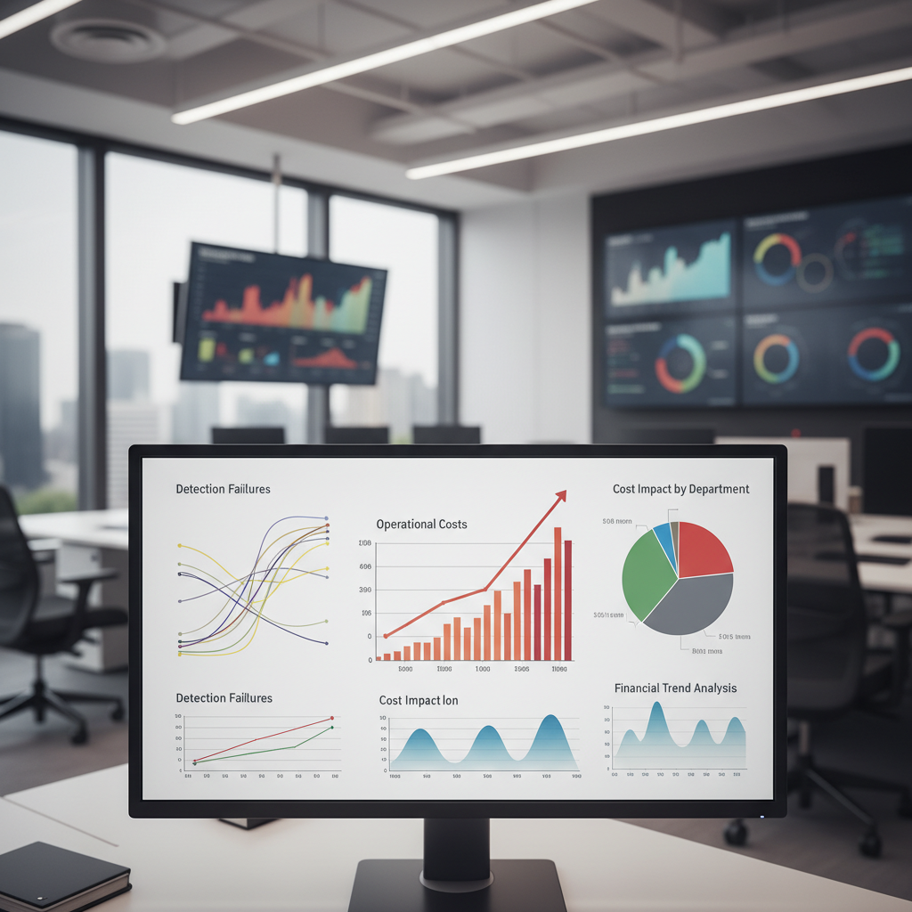 Financial dashboard showing rising costs from detection failures, corporate setting.