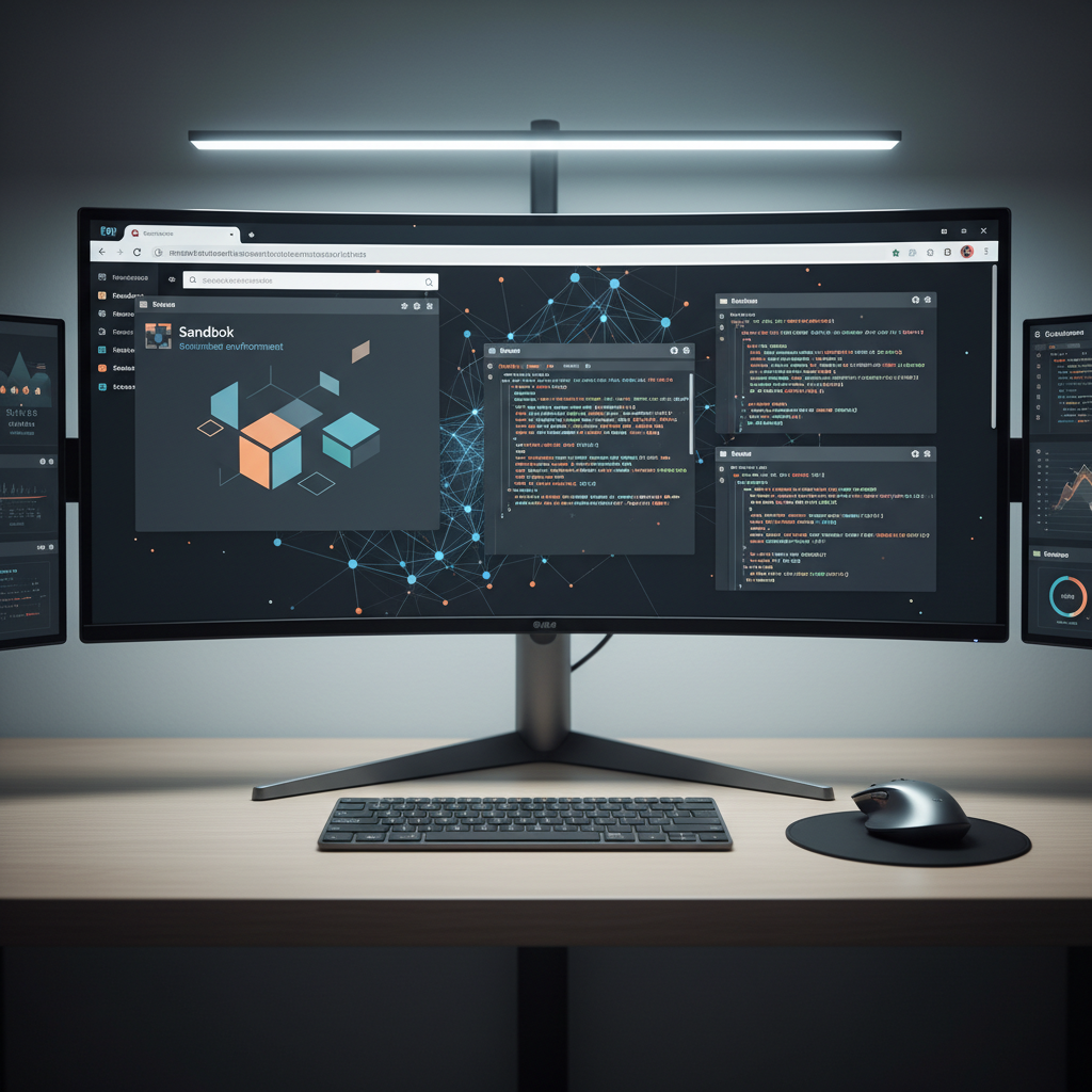 Workstation with browser interface and configuration files open.