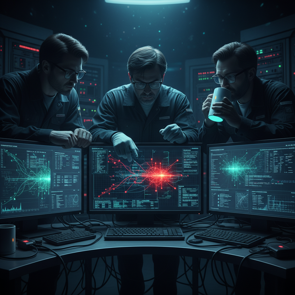 Technicians analyzing HTTP/2 connections on glowing screens.