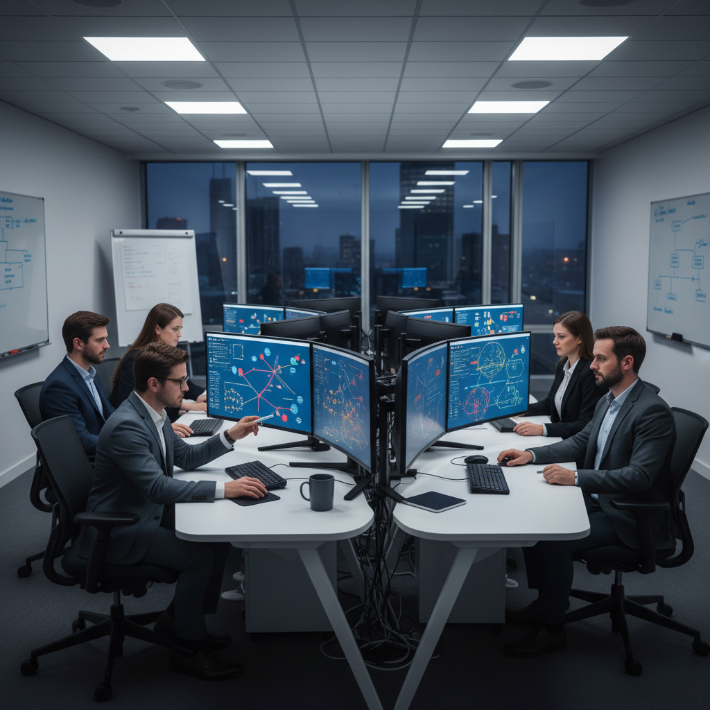 Human moderators in an office reviewing Reddit behavioral anomalies on screens.