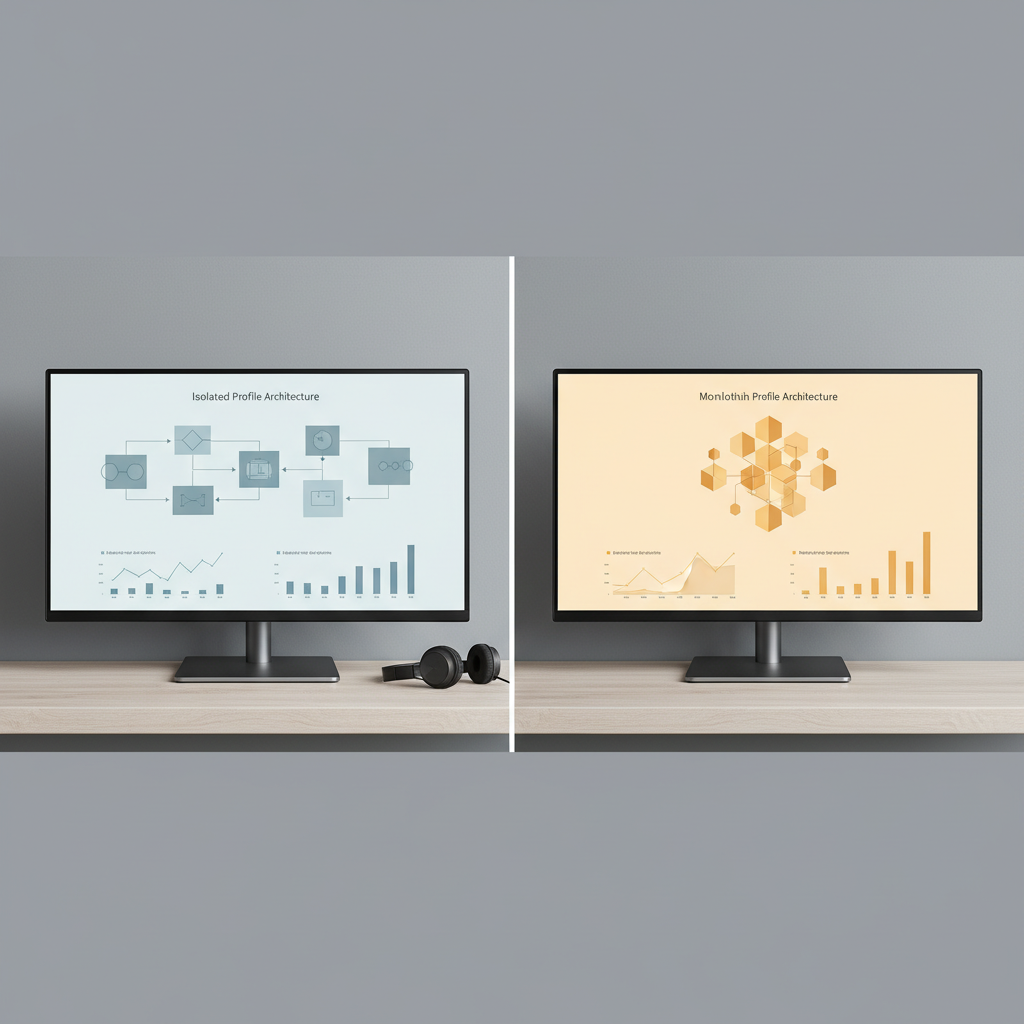 Two screens comparing browser profile architectures and performance metrics.