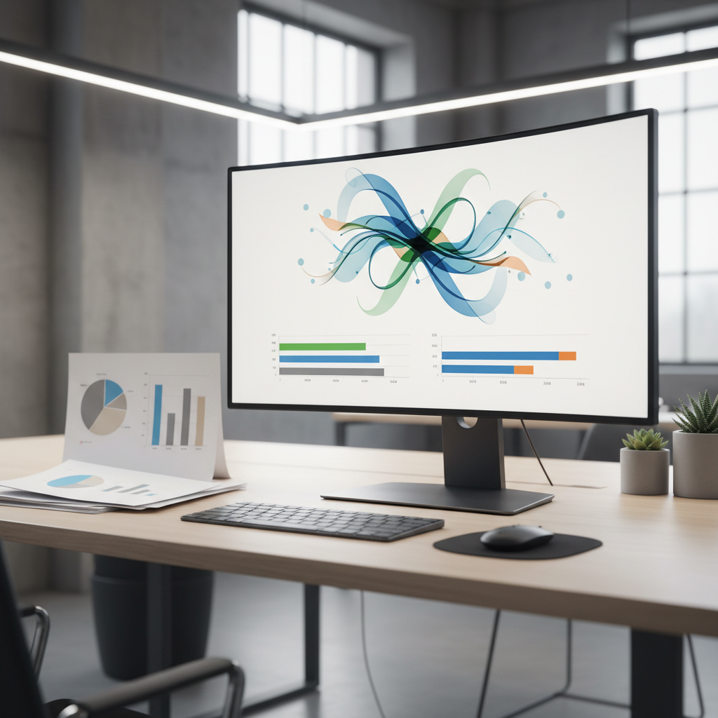 Office desk with computer showing geographic algorithms and printed charts.