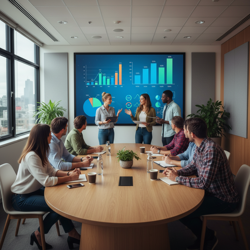 Marketing team discussing subreddit categories with charts in a meeting room.