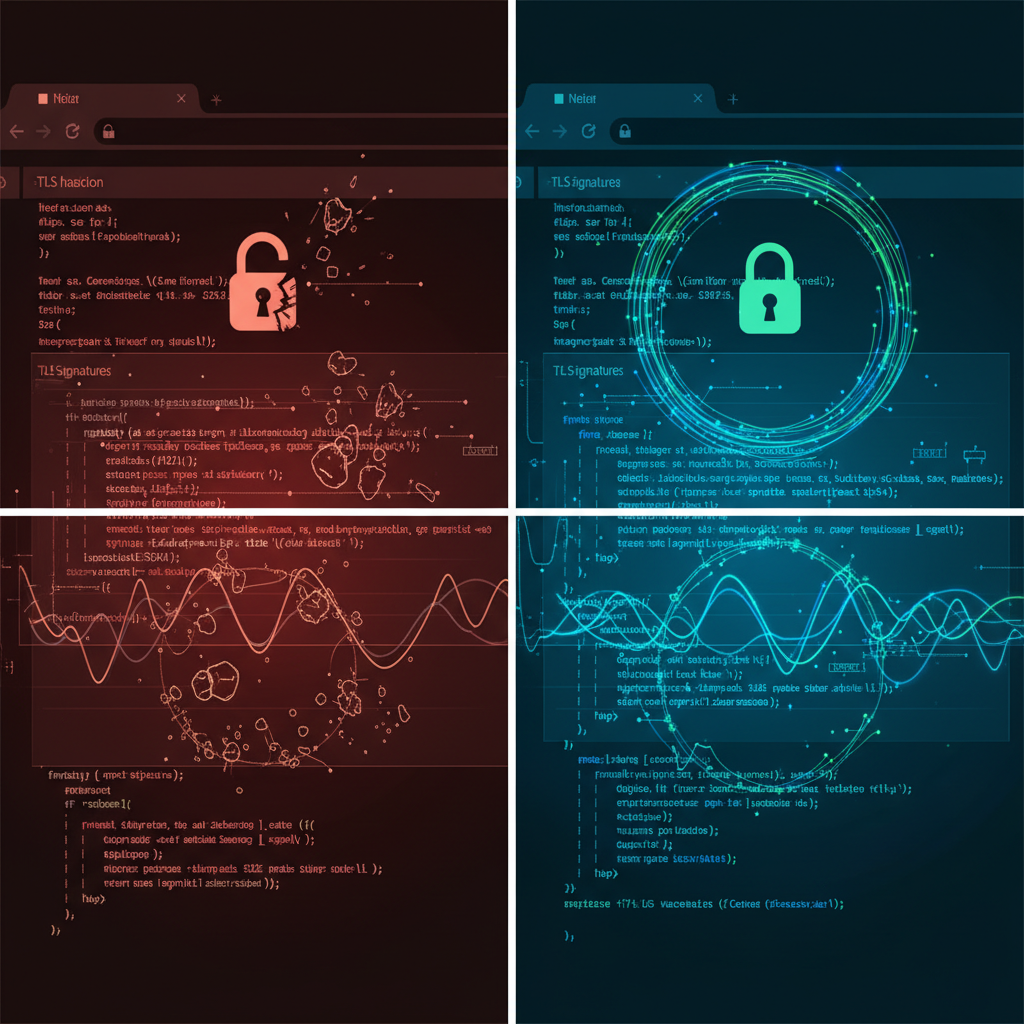 Split-screen of modified and original browser TLS analysis.