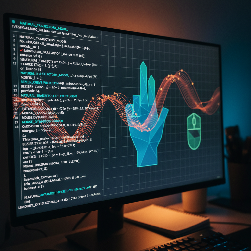 Computer screen running code simulating human mouse movements.