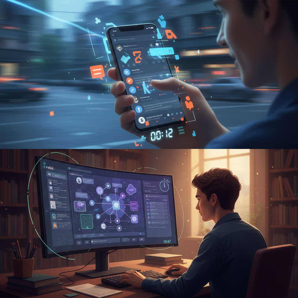 Users engaging with Reddit on mobile and desktop, reflecting timing differences.