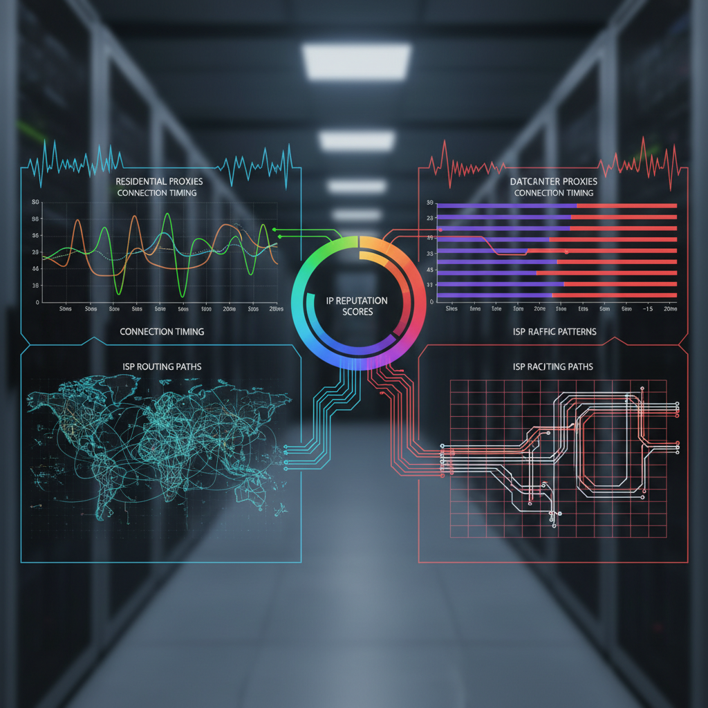 Network dashboard with proxy configurations and IP reputation scores.