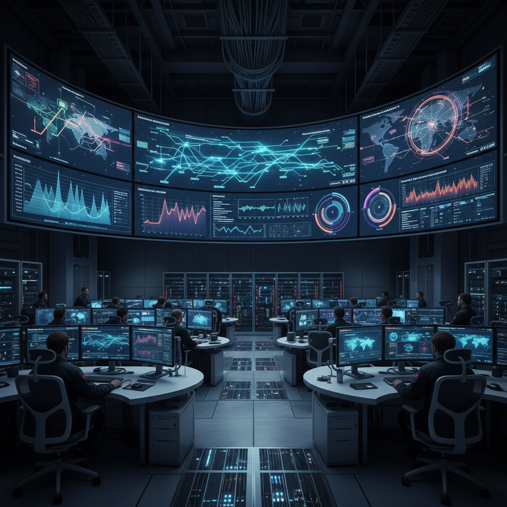 Network center with data flow and bandwidth usage displays.
