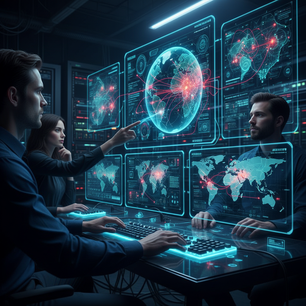 Operators analyzing digital maps of network topology.