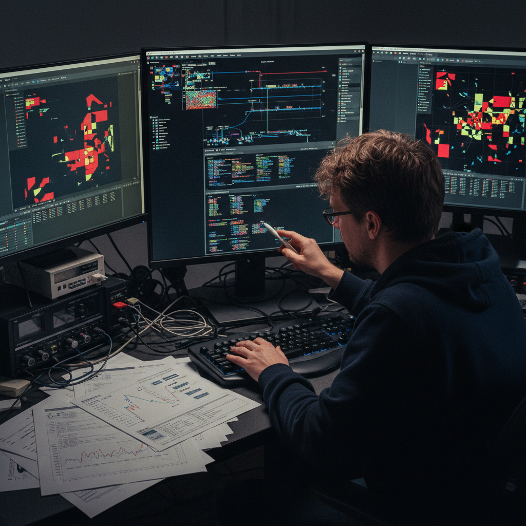 Analyst studying protocol signature data on monitors.