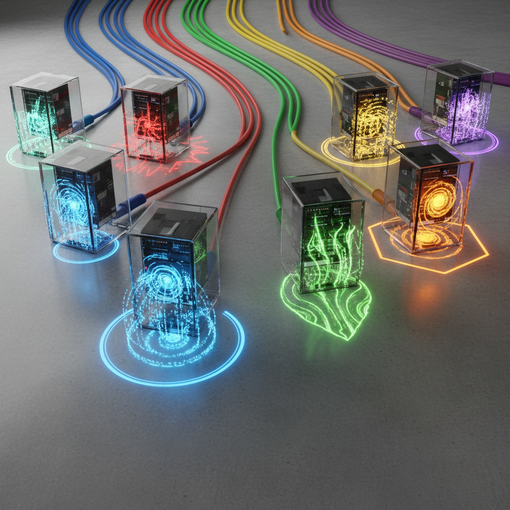 Network cables leading to isolated proxy servers with separate contexts.
