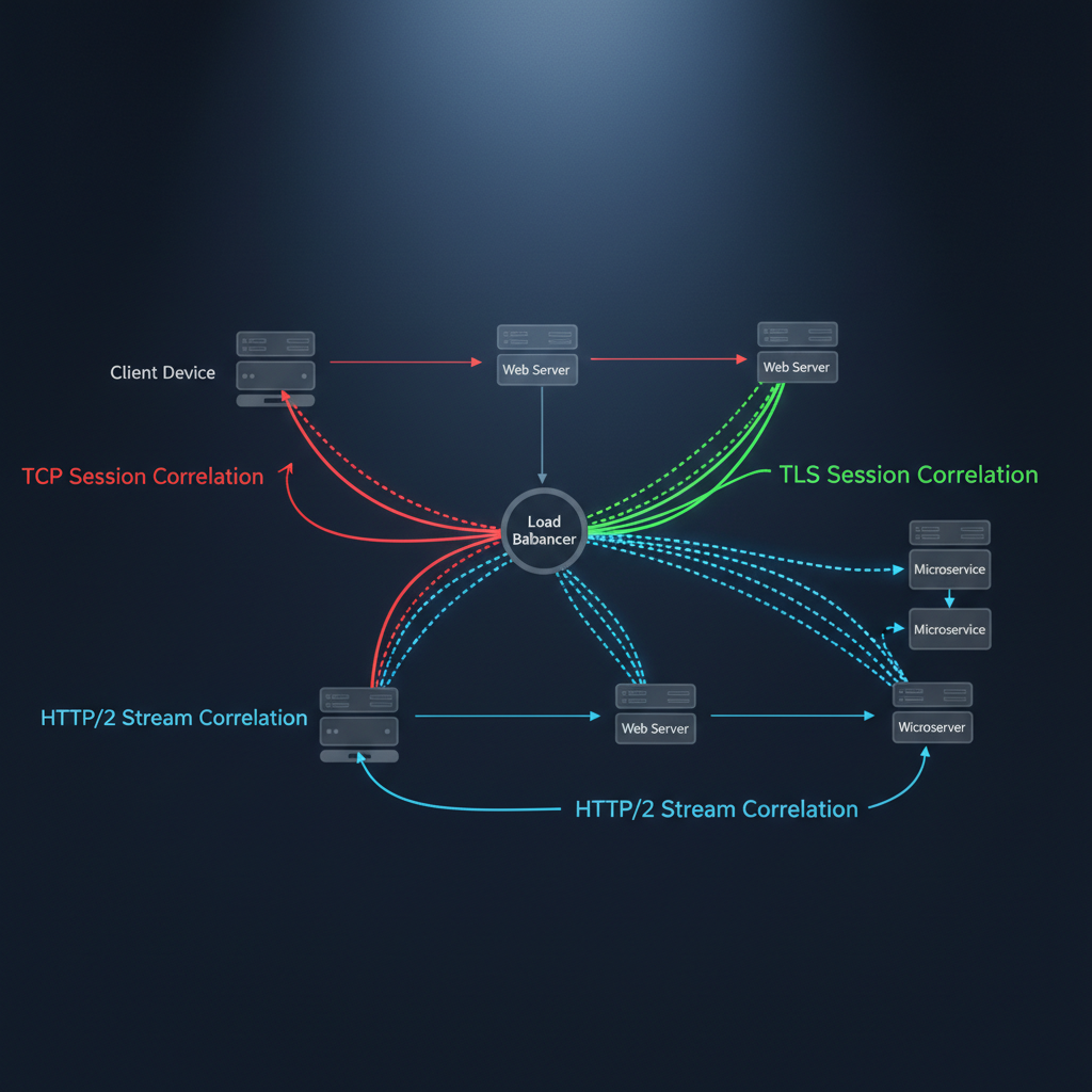 Network topology diagram showing session correlation vectors and connections.