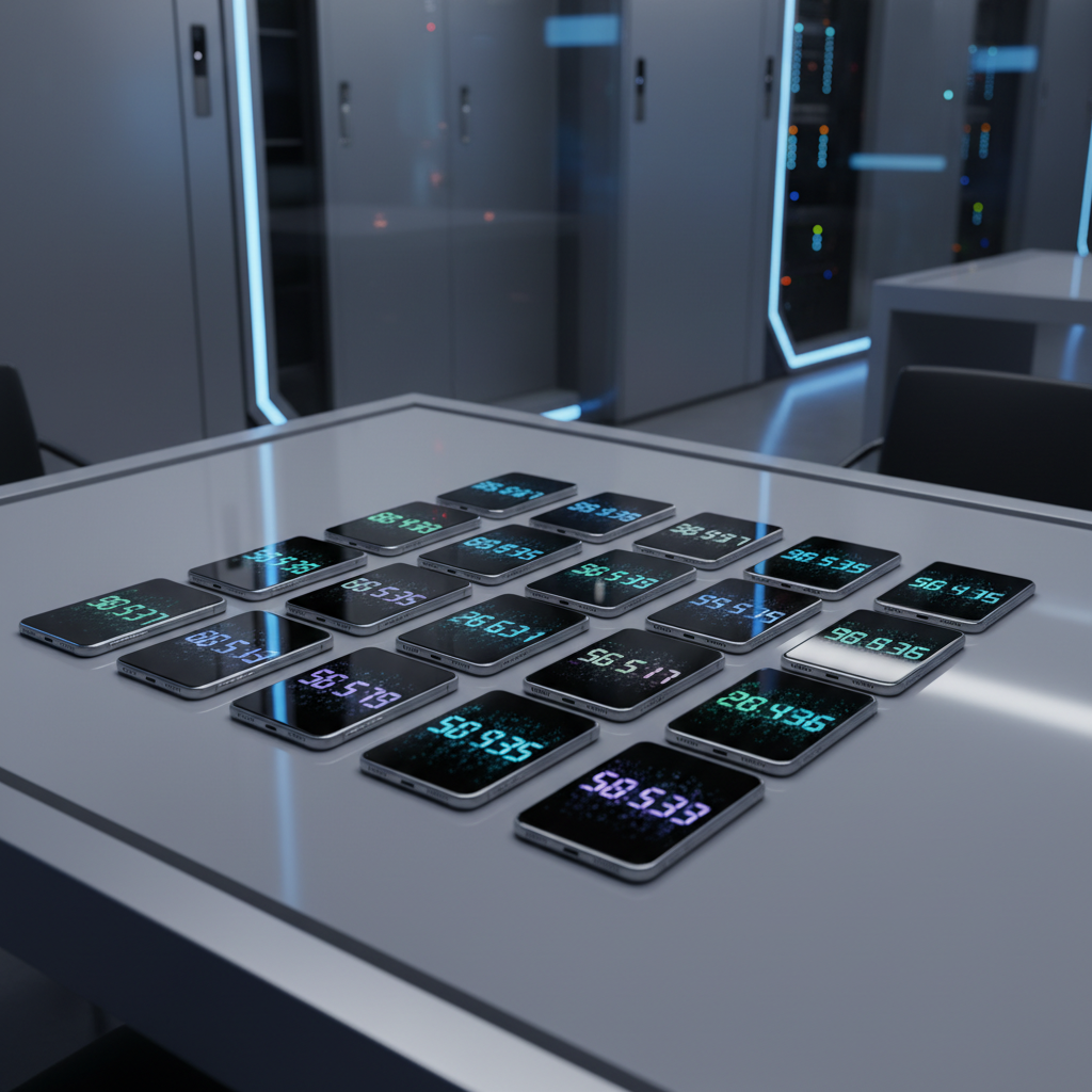 Array of smartphones on a desk, each showing a verification code.