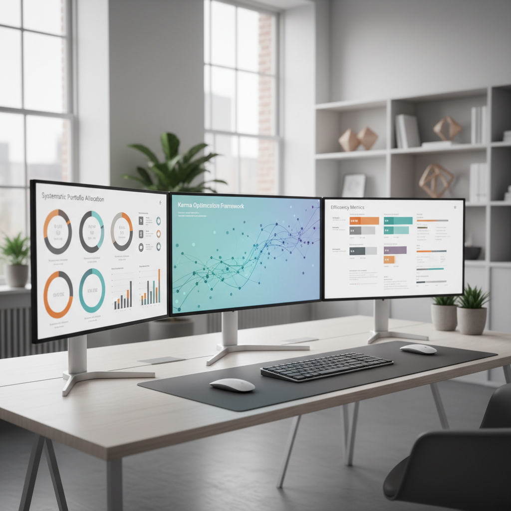 Agency workspace with screens showing karma optimization and portfolio strategies.