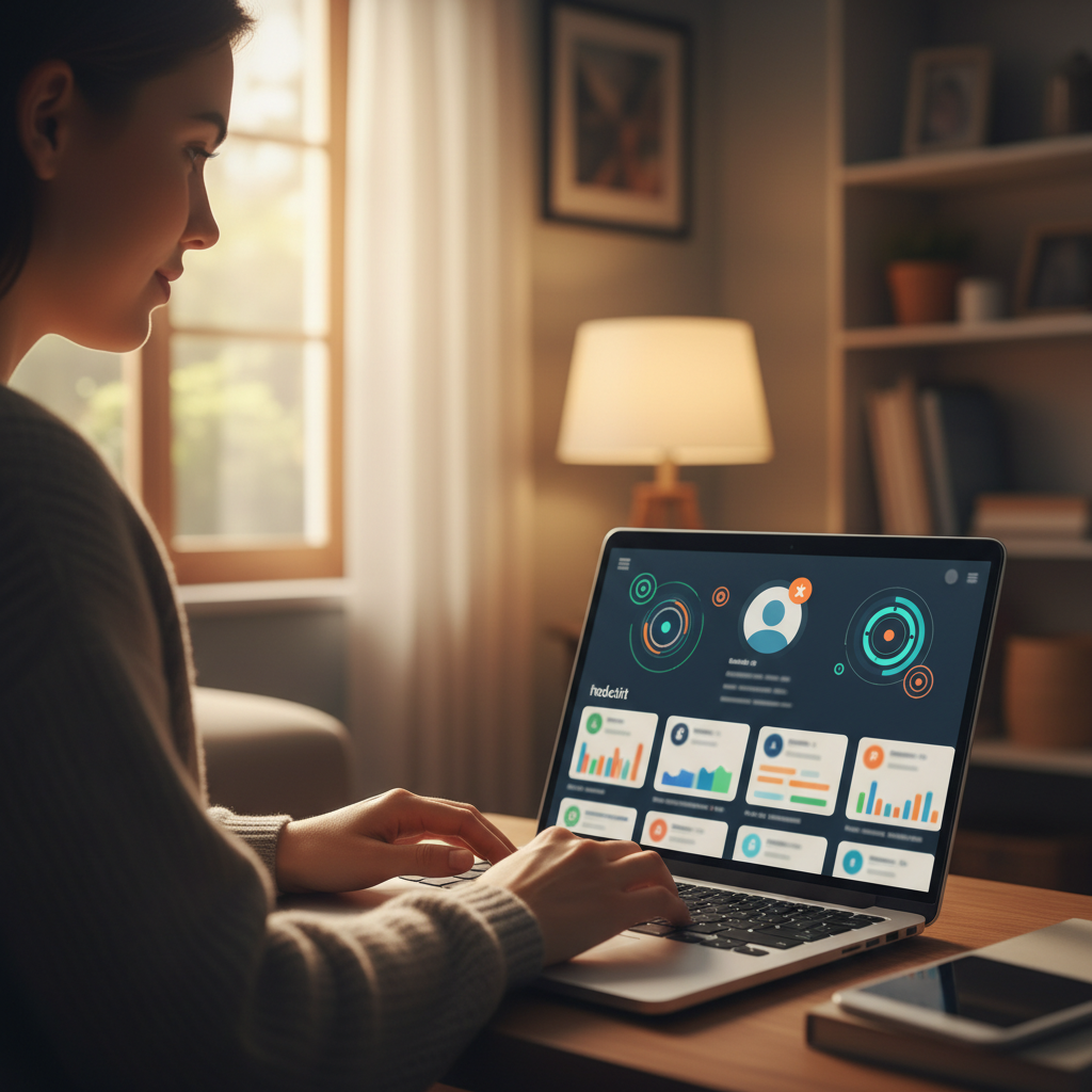 User on laptop interacting with Reddit community, completing a user profile.