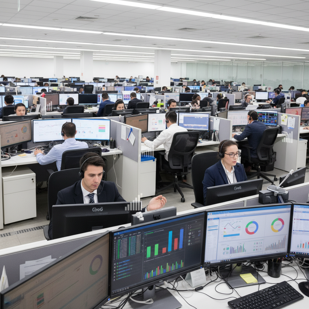 Employees in a call center analyzing phone provider data on computers.