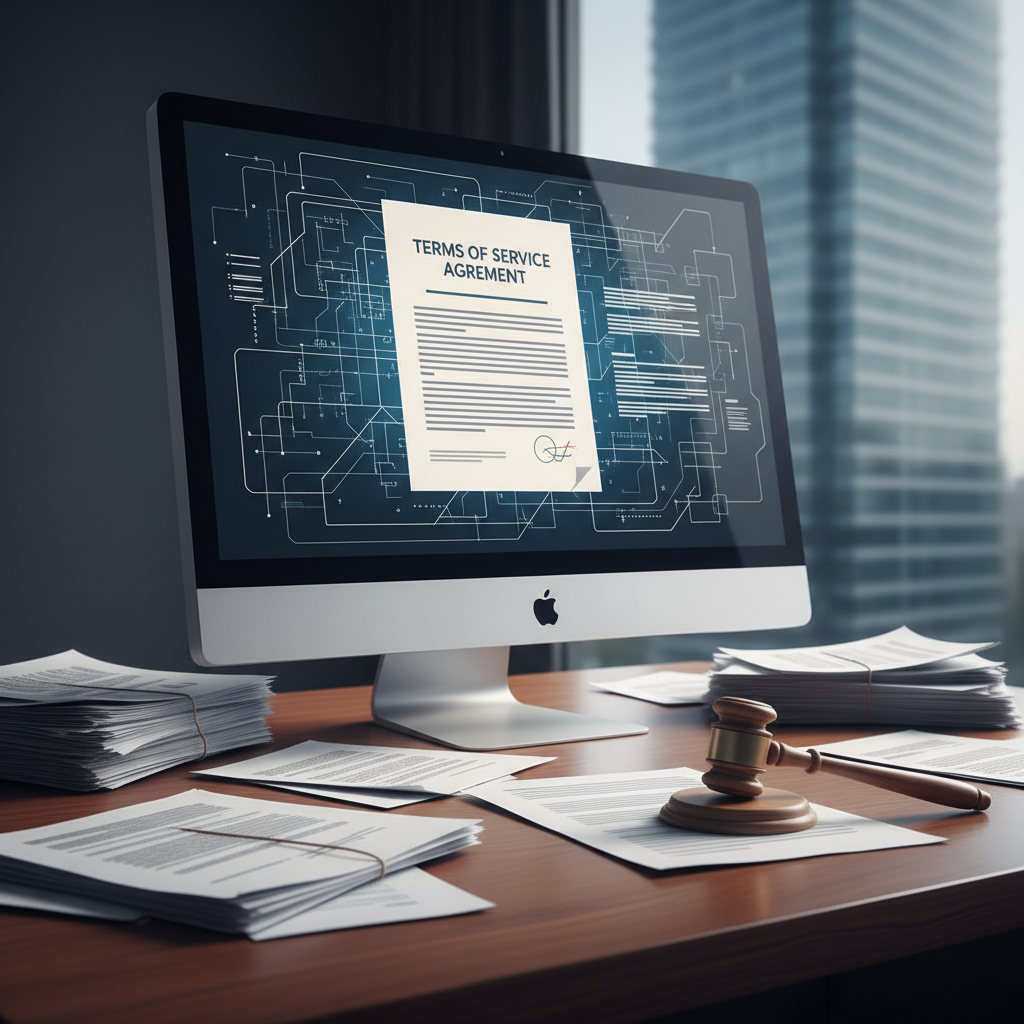 Office desk with computer showing terms of service document.