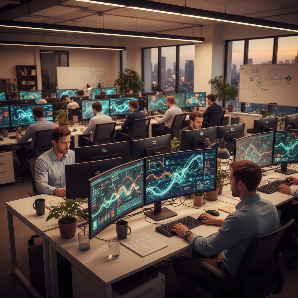 Analysts in an office working on interconnected data visualizations.