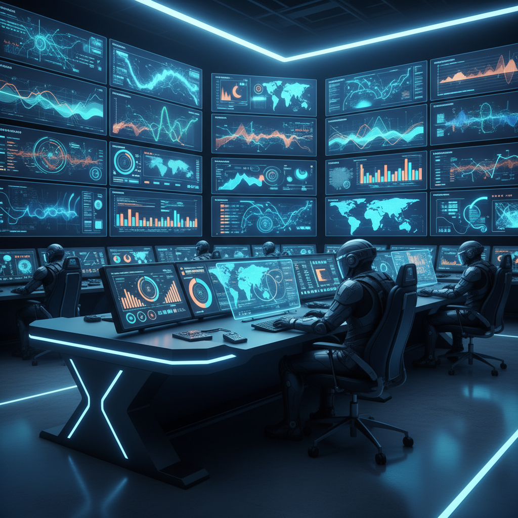 Control room with monitors showing real-time activity patterns.