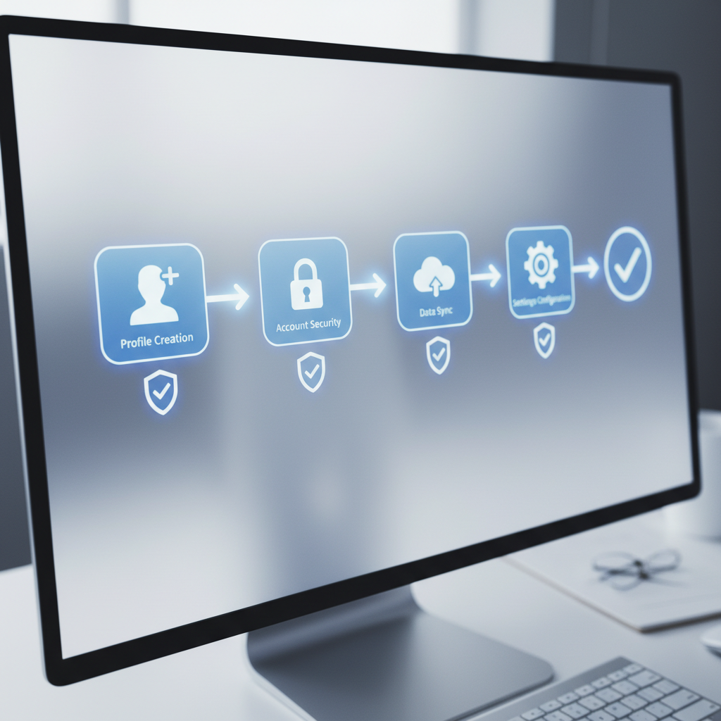 Computer screen showing profile creation stages with verification checkpoints.