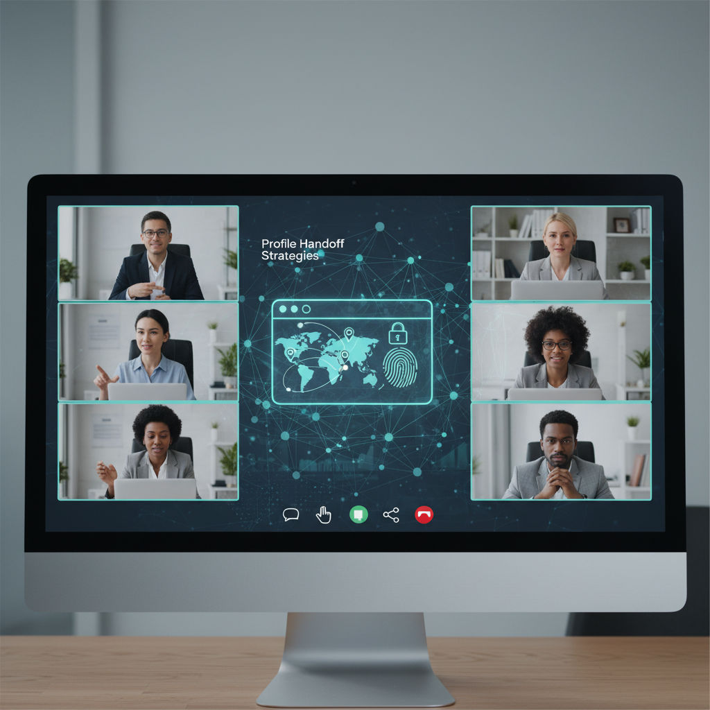Team video call discussing profile handoff strategies and consistency.