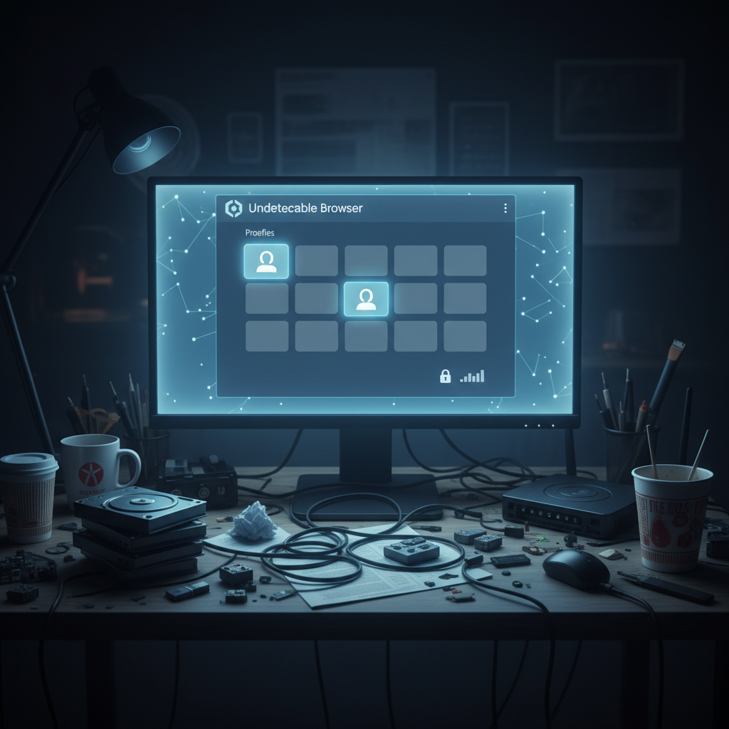 Office desk with browser interface showing limited profile options.