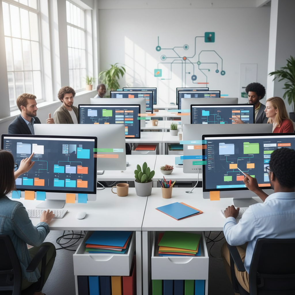 Workspace with organized folders showcasing profile organization systems.