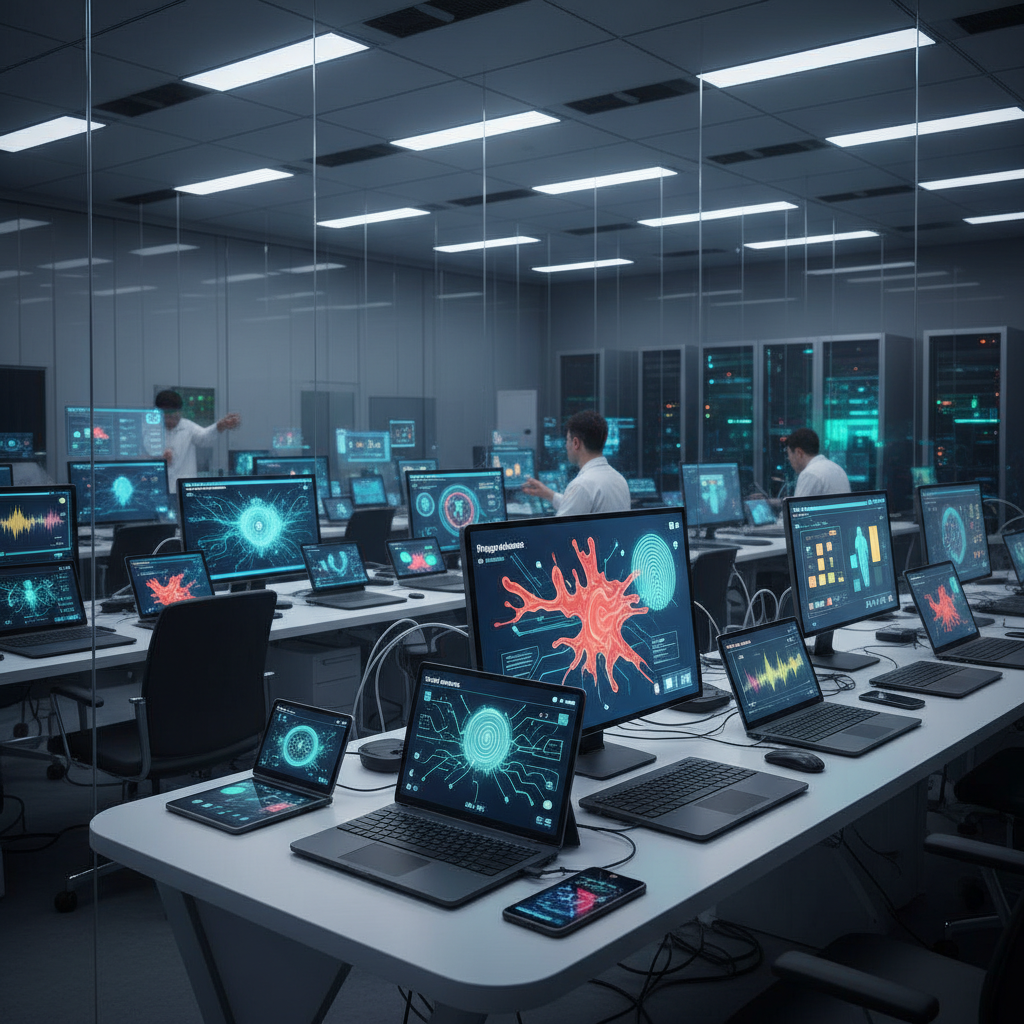 Lab with devices running profile validation tests, focused on fingerprint checks.