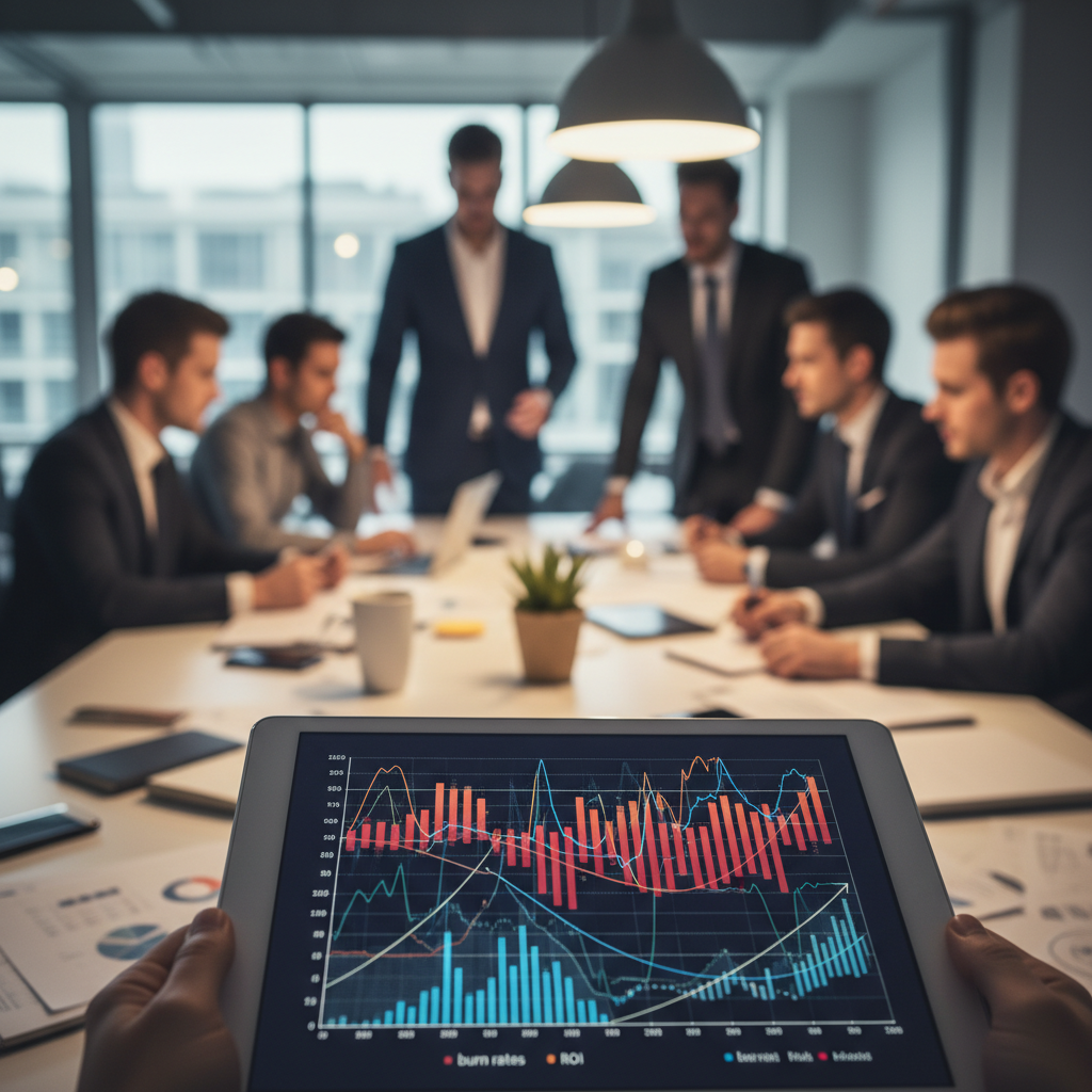 Analyst reviewing charts on a tablet about profitability and burn rates.