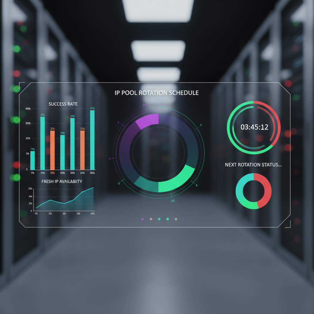 Digital dashboard with IP pool rotation schedules and success stats.