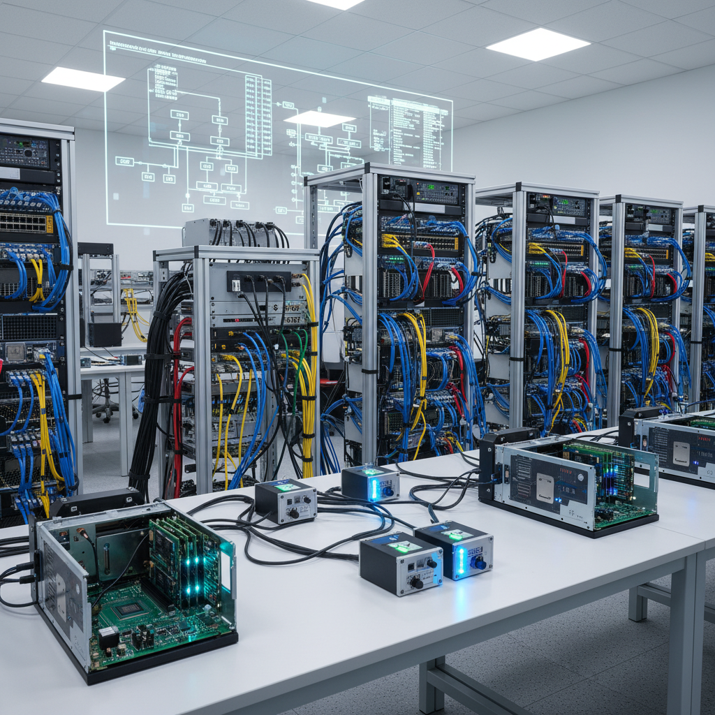Network equipment and proxy servers setup in a tech lab, brightly lit.