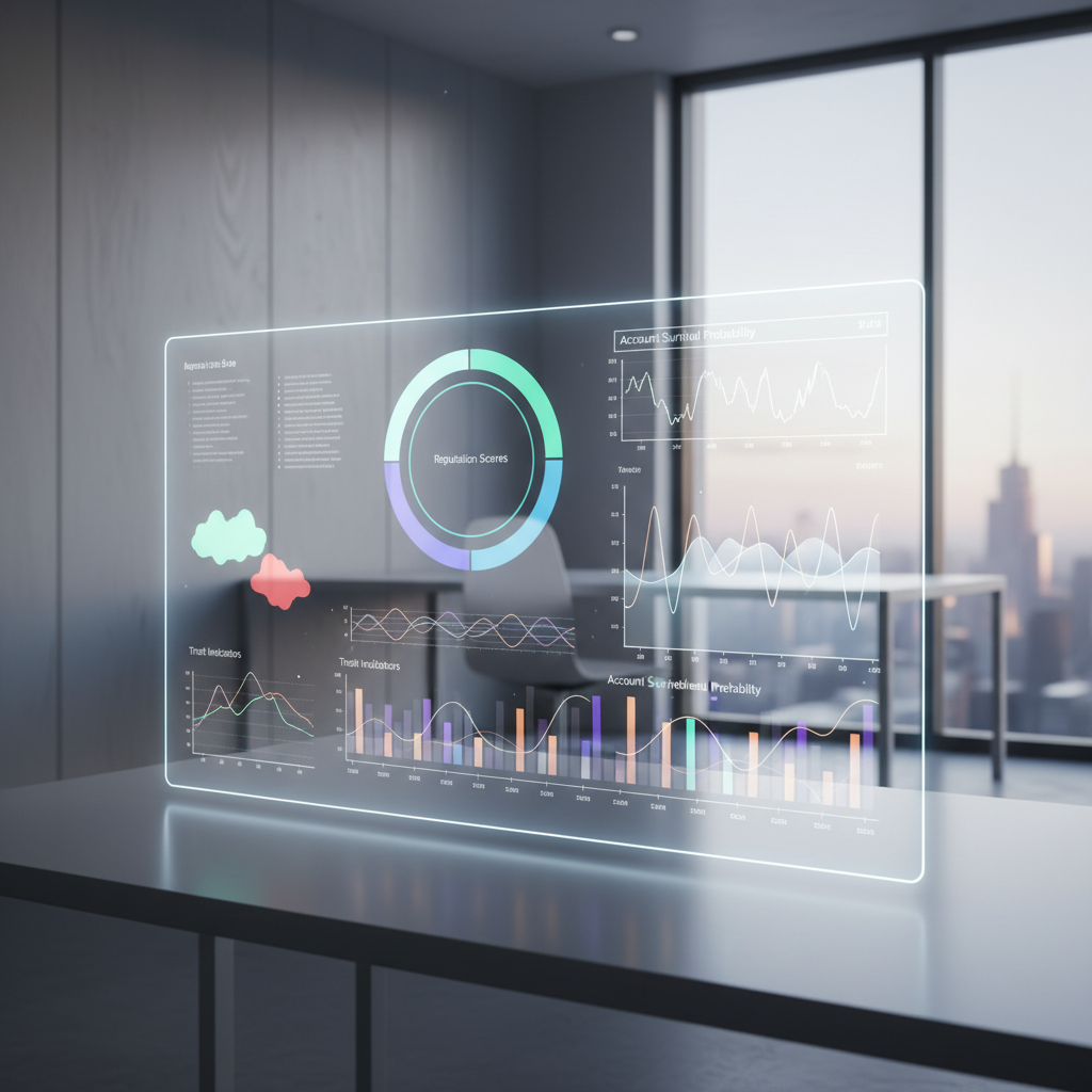 Digital dashboard with network reputation scores, clean lighting, detailed graphs.